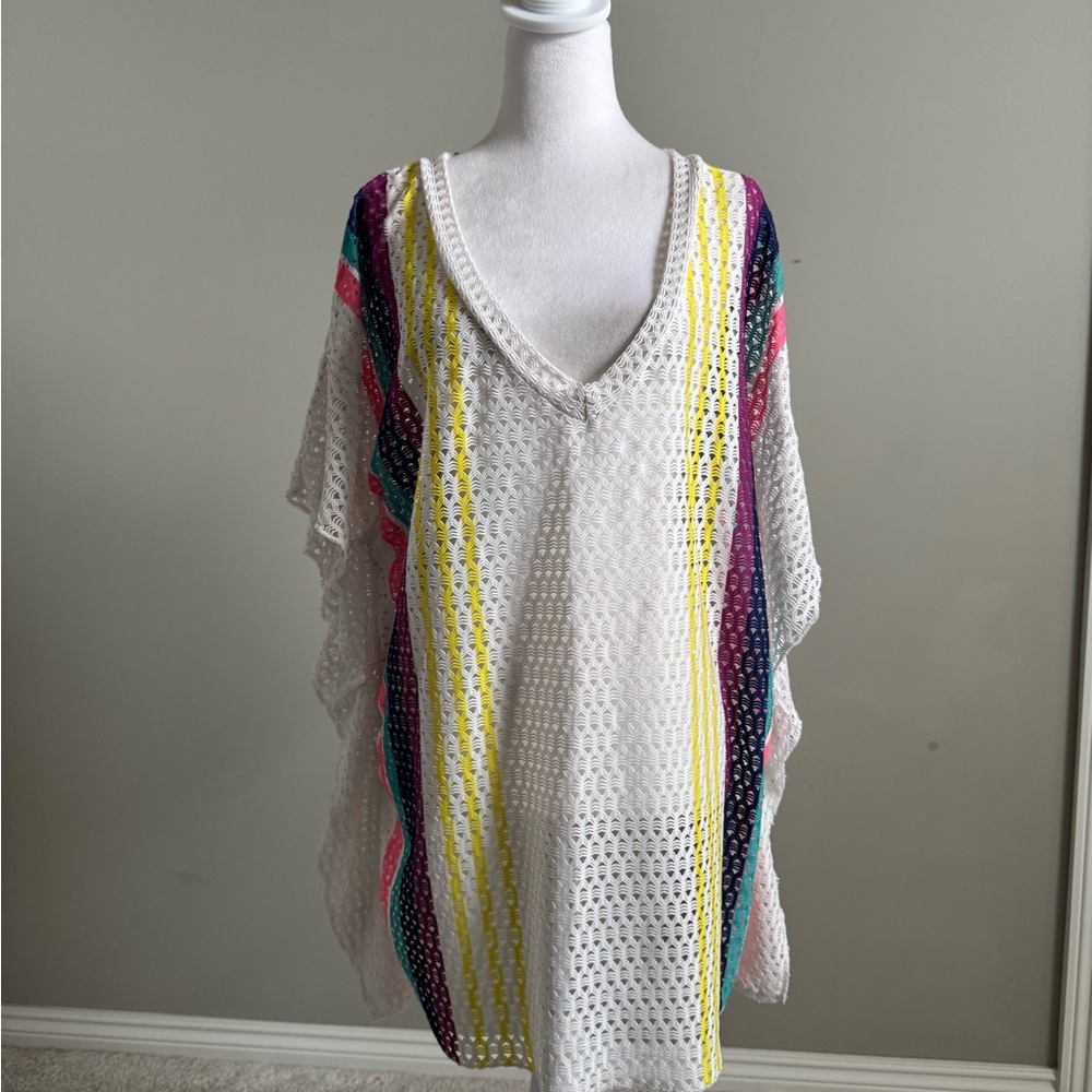 Roxy White Crochet V-Neck Cover-Up with Bright Stripes